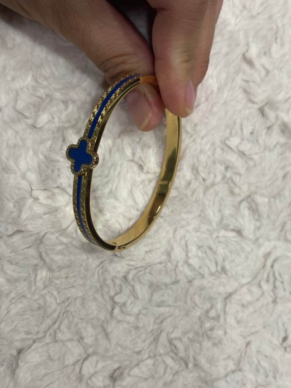 Gold Blue Enamel Clover Bangle Bracelet Gold Plated LFB-0014